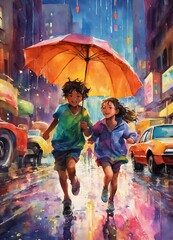 boy and girl in rain

