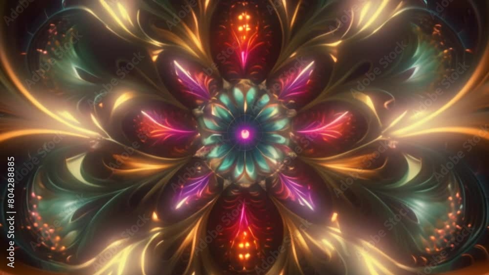 Poster fractal design with intricate repeating patterns and vibrant colors,