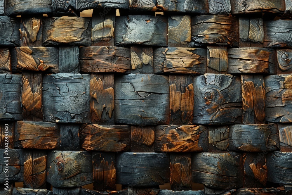 Poster richly detailed dark wooden blocks with a variety of grains, presenting an array of textures and pat