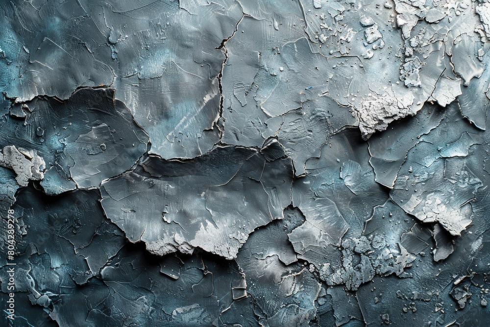 Poster an image capturing the worn-out surface with peeling and chipped blue paint, highlighting textures a