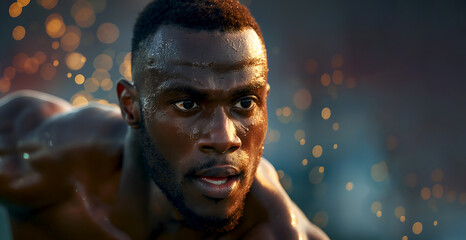 Intense focus of an Olympic sprinter, sweat glistening under the stadium lights. African athlete preparing for a night race, sweat reflecting bokeh lights, copy space. Concentrated Olympic runner - Powered by Adobe