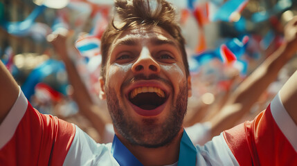 Joyous athlete celebrating victory in a vibrant crowd. Triumphant moment captured as an athlete rejoices after a win. Victory celebration of an winner surrounded by fans