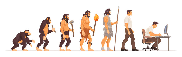 Human evolution from monkey to businessman and computer user concept. Male character evolve steps from ape to upright sapiens. Darwin theory cartoon vector illustration
