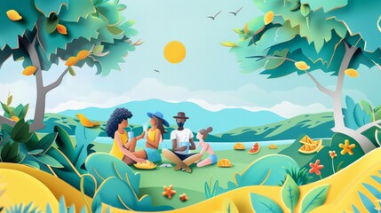 Colorful paper craft scene of a family picnicking in a lush, stylized landscape. Celebrating outdoor leisure and family time. Great for family-oriented advertising