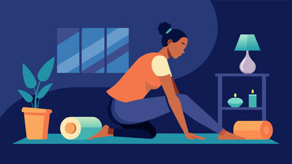 Taking in the peaceful ambiance of a candlelit room as you gently roll out muscle tension with a foam roller.. Vector illustration