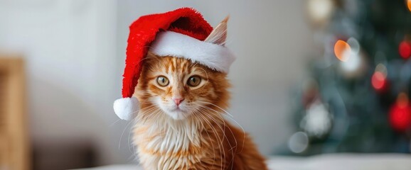 Handsome young cat, sitting up wearing Santa hat.