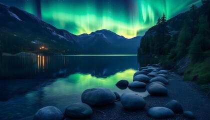Mountain lake with northern lights aurora Borealis lighting