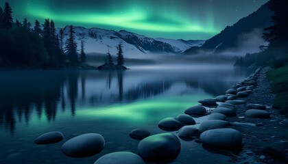 Mountain lake with northern lights aurora Borealis lighting