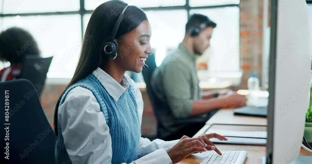 Aufkleber call center, customer support and business woman in office consulting for crm, faq or b2b networking