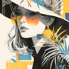Summer Chic: Trendy Female Illustration with a Stylish Sun Hat and Sunglasses for Fashion Promotions
