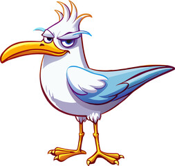Obraz premium Illustration of a seagull. Cartoon style. Funny angry bird character highlighted on a white background. Vector illustration