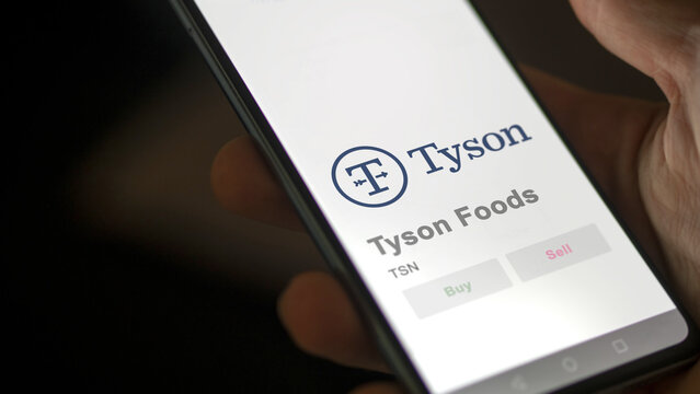 April 09th 2024 , Springdale, Arkansas. Close up on logo of Tyson Foods on the screen of an exchange. Tyson Foods price stocks, $TSN on a device.