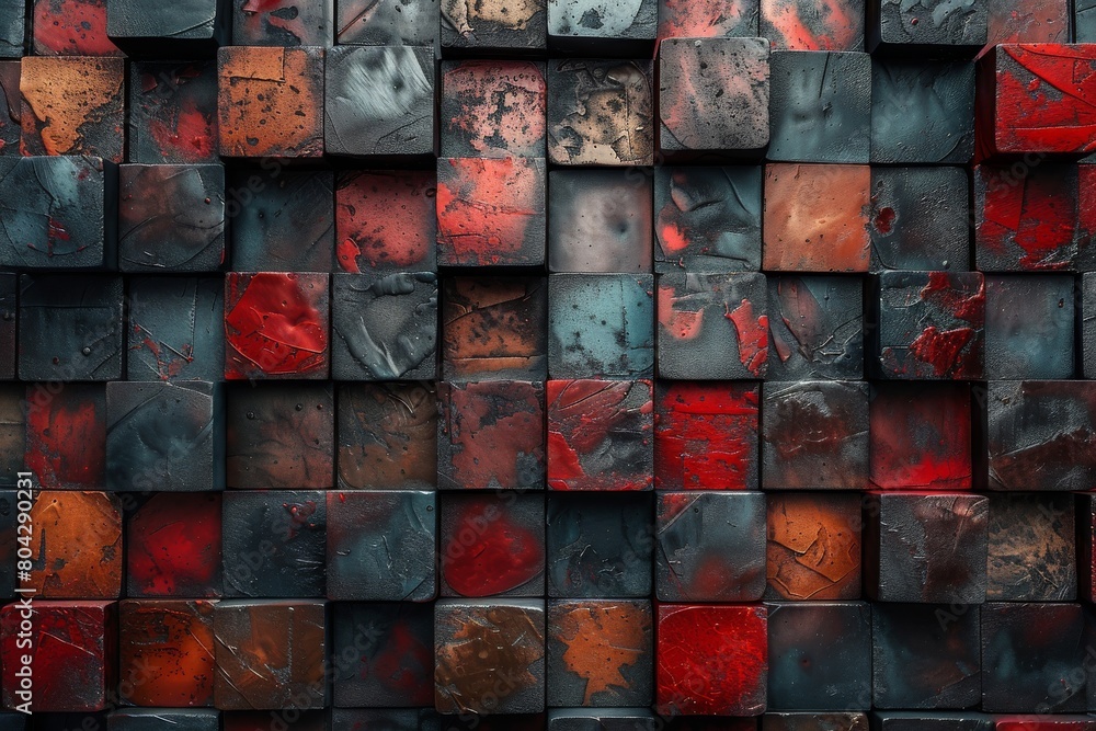 Aufkleber a close up of an abstract mosaic wall, featuring a pattern of textured squares in shades of red and 