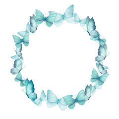 Butterflies. Watercolor circle wreath or frame with illustration of delicate blue and turquoise butterflies . Isolated. For design postcard, invitation
