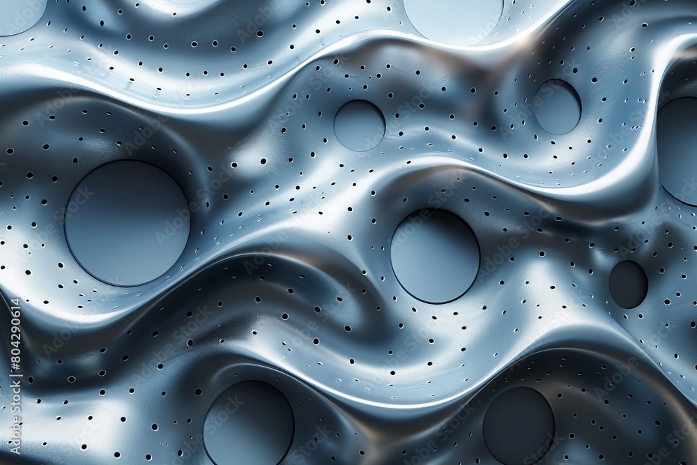 Poster an abstract 3d rendering of a wavy textured metal surface with various circular holes creates a futu