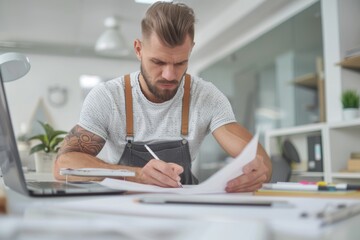 Businessman drawing line on paper at desk in creative office