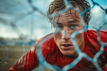 A sweaty soccer player seen through the wet goal net