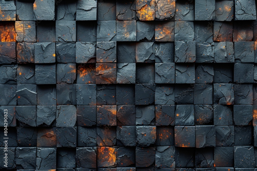 Poster the image showcases a unique wall of black tiles with orange rust-like detailing, creating a visuall