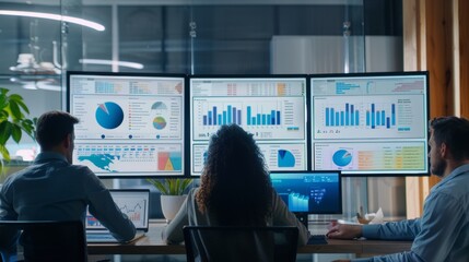 An office with professionals studying screens filled with analytics dashboards. Visualizations include bar graphs pie charts