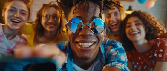 Obraz premium A group of diverse friends taking a collective selfie at home. One guy holds his smartphone, while others smile, laugh, and do duck lips. Young people using a live stream of their home party.