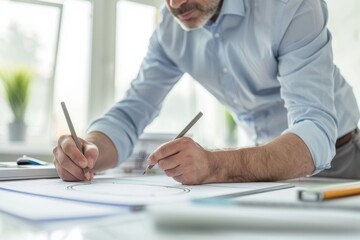 Businessman drawing line on paper at desk in creative office