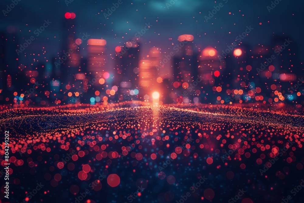 Poster abstract particle style design with a swarm of red lights floating against a soft-focused, contrasti
