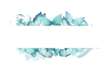 Butterflies. Watercolor rectangular frame or banner with illustration of delicate blue butterflies with watercolor abstract splashes stains. For design of certificates, invitations, postcards