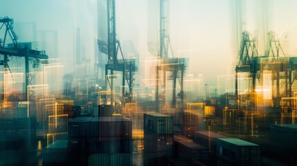 An abstract interpretation of a bustling port at dawn, where the interplay of light and shadow creates a mesmerizing tapestry of shapes and textures amidst the labyrinth of containers and cranes
