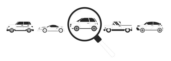 Choosing car for rent black and white 2D line cartoon objects. Using magnifying glass to check autos isolated line vector elements white background. Vehicle online monochromatic flat spot illustration