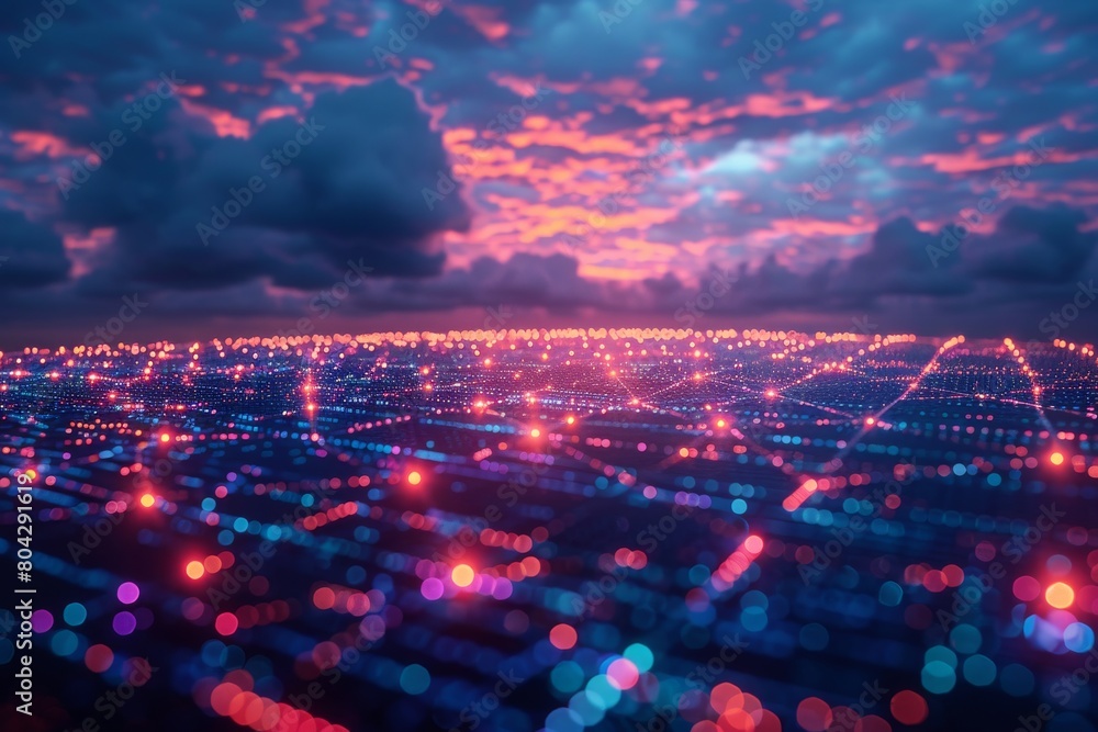 Poster dynamic illustration of a network grid pattern with a dramatic sky backdrop symbolizing connectivity