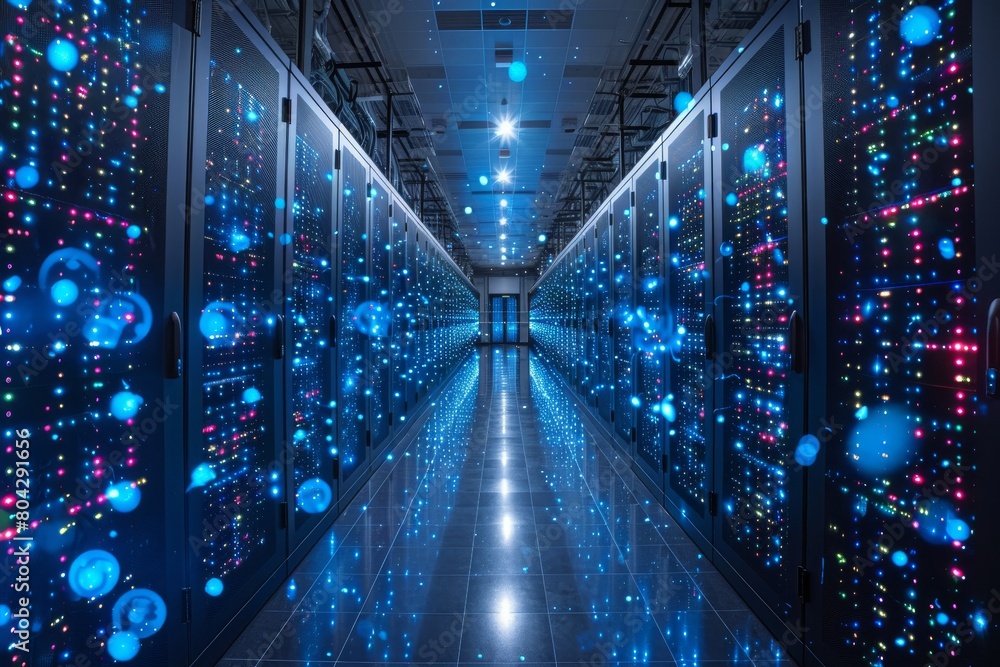 Poster a visually stunning representation of network data flow in an advanced data center, illustrated by v