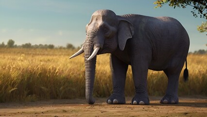 An elephant with an orange tusk stands in a field with blue sky in the background