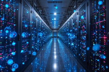 A visually stunning representation of network data flow in an advanced data center, illustrated by vibrant, colorful lights