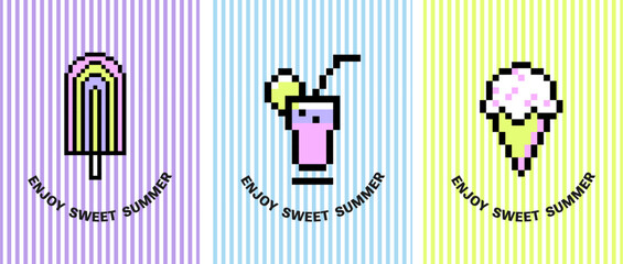 Obraz premium Pixel Y2k retro sticker with text and modern striped background. Funny sweet summer cards. Pixelated con, stick ice creams and cold cocktail. 8bit icons in trendy retro style. Print with Nice Text. 