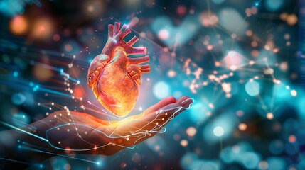 a hologram of a hand holding a floating red human heart. Cardiology and medical care for infarct. Healthcare medical concept.