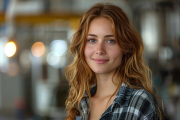 A young woman with wavy hair and a welcoming smile poses in an industrial setting in a plaid shirt