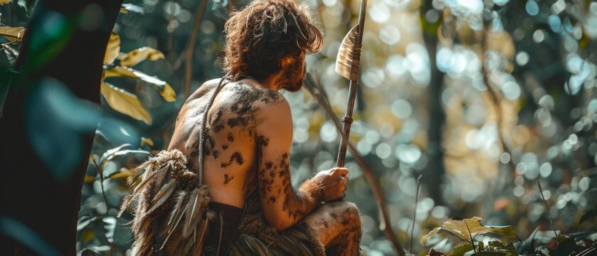 A caveman wearing animal skin holds a stone-tipped spear and looks around in a hunt for animals in the prehistoric forest. Neanderthal hunting for food in the jungle.