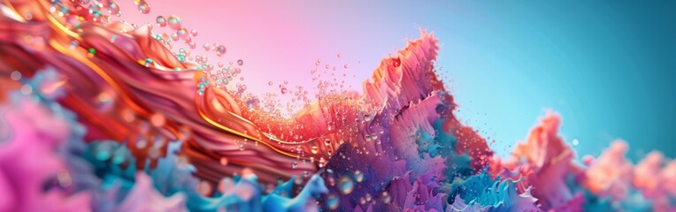 Abstract background with colorful shapes and splashes of paint on a light blue, pink and orange gradient background.