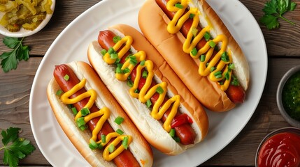 Hot dog with mustard and ketchup in a white plate on wooden background. Top view.