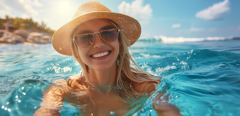 Smiling beautiful young blonde woman in a hat and sunglasses swims in the clear water of the sea on a sunny summer day.