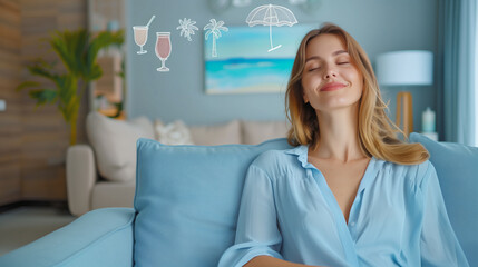 A young smiling beautiful woman, closing her eyes, sitting on the sofa, dreams of a vacation.