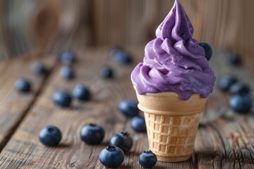 Blueberry soft serve ice cream cone on wooden background. Front view.