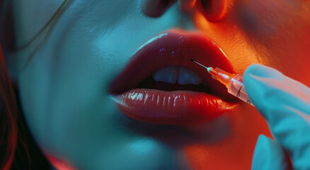 Close-up of beautiful woman's lips and syringe needle for injection