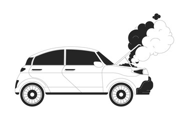 Smoke rising up from broken car black and white 2D line cartoon object. Auto with fume coming from hood isolated vector outline item. Vehicle at road accident monochromatic flat spot illustration