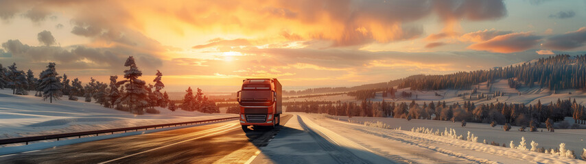 A red delivery truck driving on an road in winter. Banner.