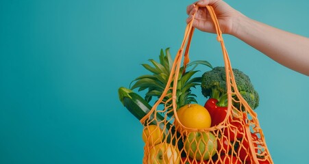 A hand holding an orange net bag with vegetables and fruits on a blue background, copy space.