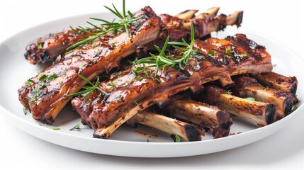 A plate of delicious grilled ribs with herbs and spices.