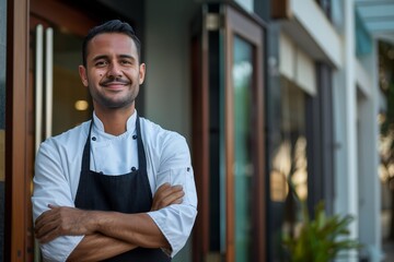 Smiling chef standing arms crossed outdoors front, hotel entrance background.
