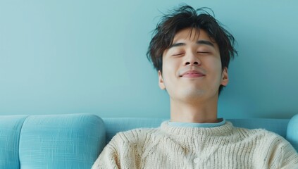 Smiling Asian young man sitting on the sofa with his eyes closed and dreaming. Blue background with copy space.