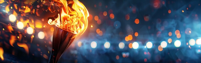 A torch with a burning fire against the background of the stadium. Banner with copy space.